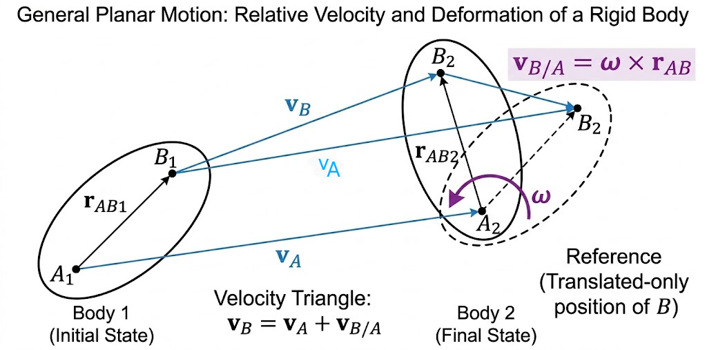 Diagram showing general plane motion decomposed into pure translation and pure rotation components